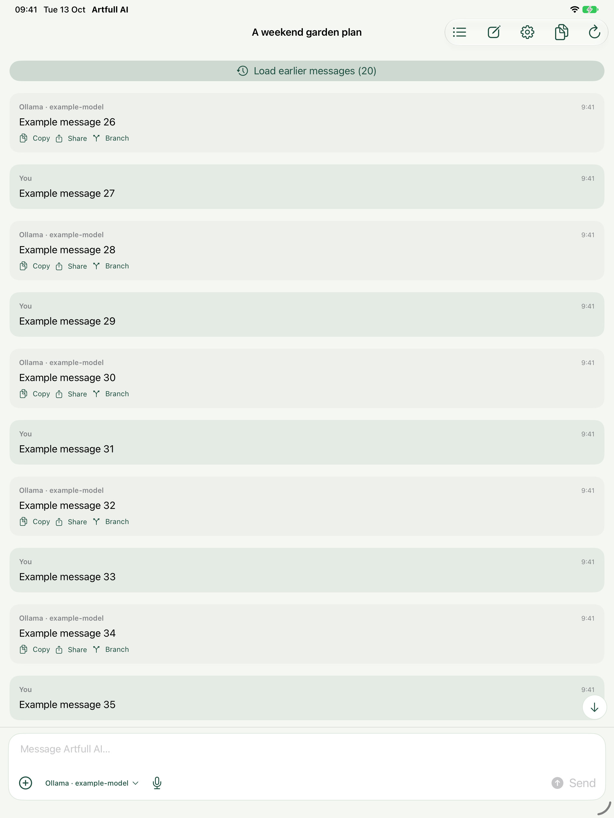 Build 14 Artfull AI iPad development capture showing Load earlier messages (20) above a long conversation
