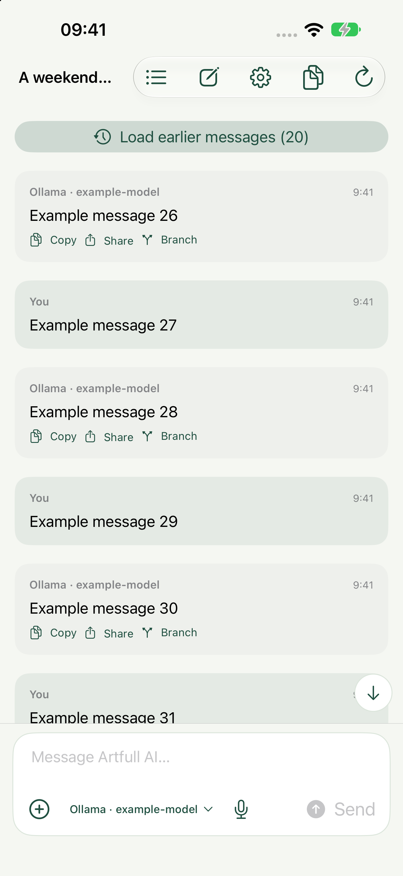 Build 14 Artfull AI iPhone development capture showing Load earlier messages (20) above a long conversation