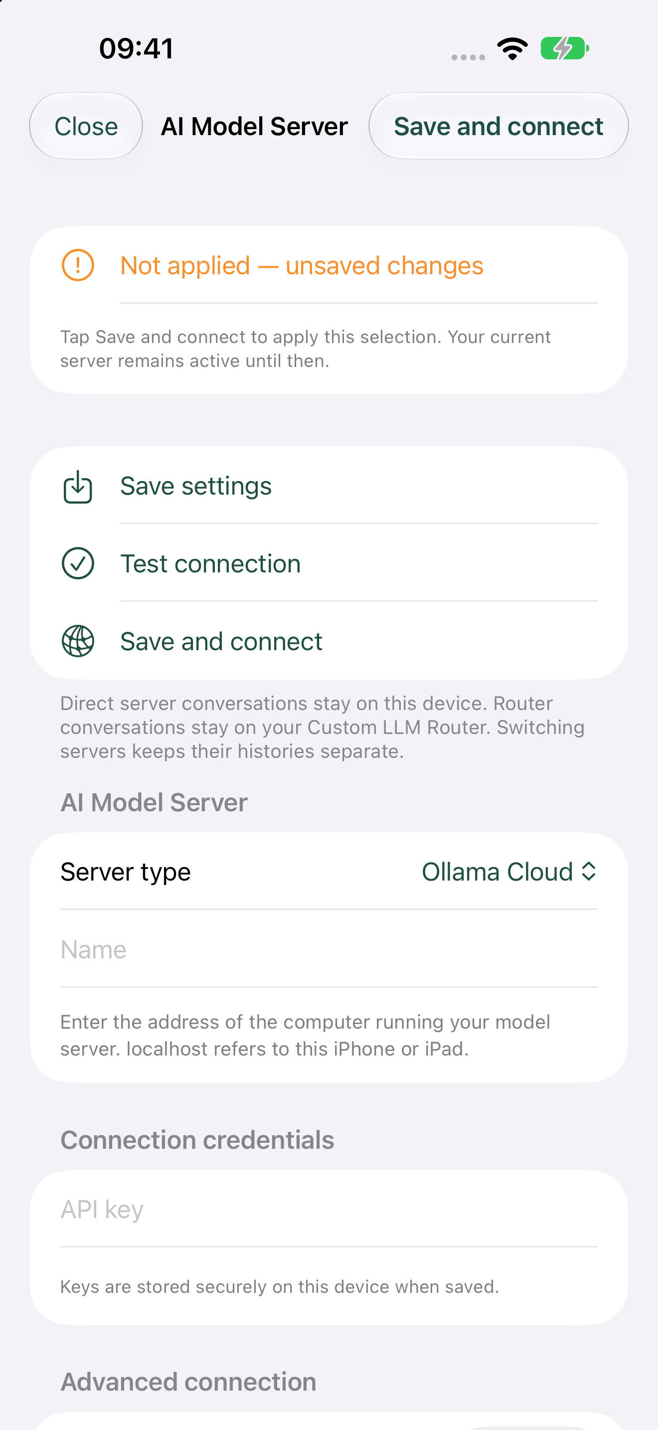 Artfull AI Ollama Cloud configuration page with connection credentials