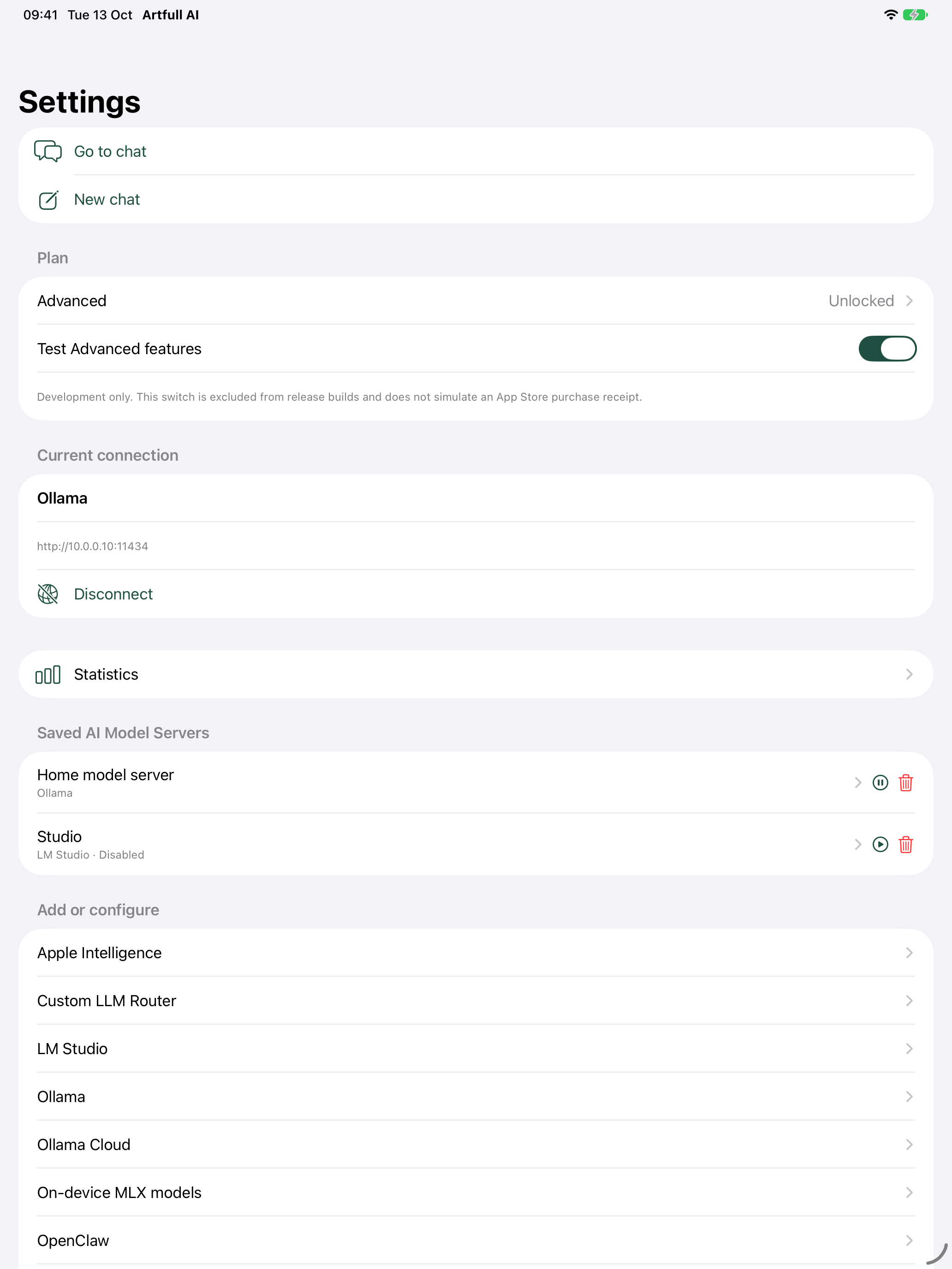 Build 15 Artfull AI iPad settings showing an enabled Ollama profile and a disabled LM Studio profile with pause, play and delete controls