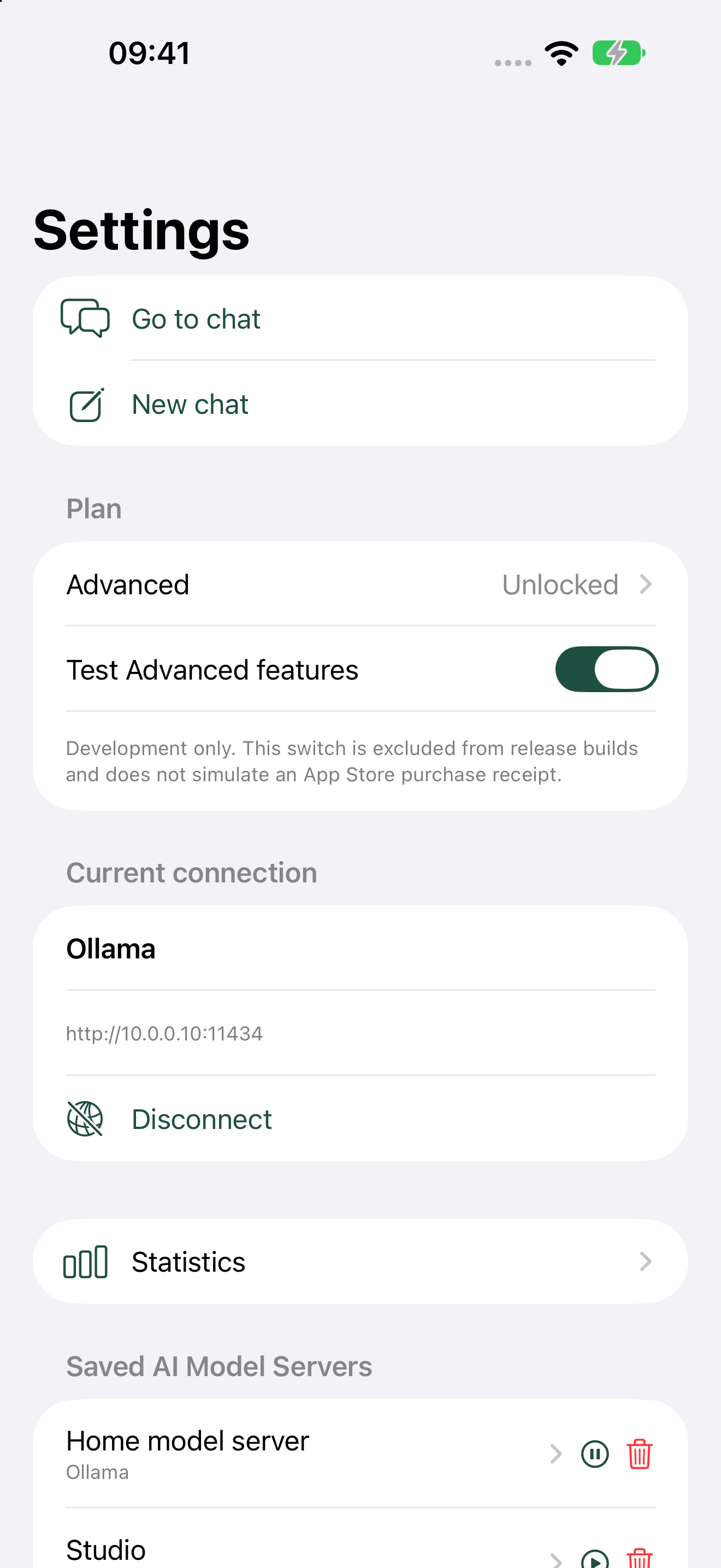 Build 15 Artfull AI iPhone settings showing an enabled Ollama profile and a disabled LM Studio profile with pause, play and delete controls