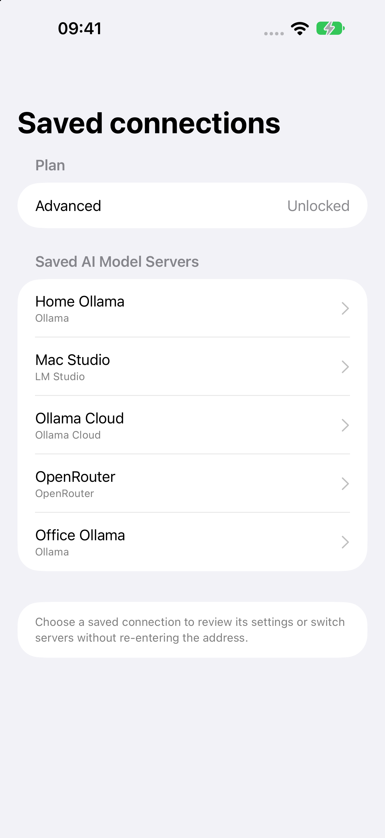 Artfull AI Advanced saved connections screen showing five named model servers
