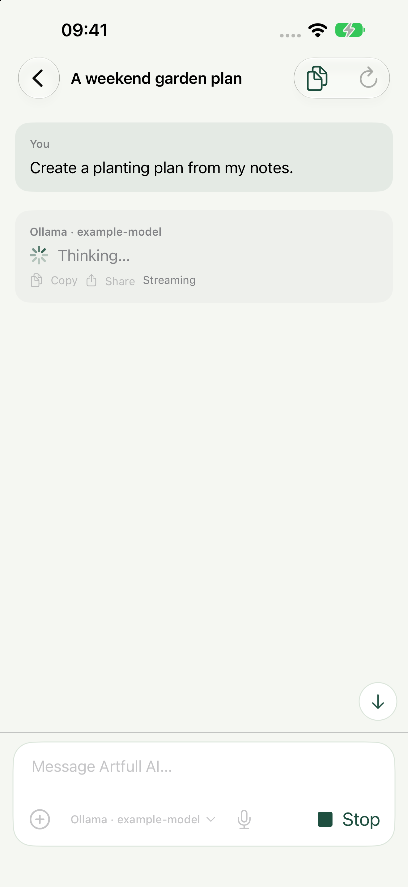 An Artfull AI response being generated with a Stop button